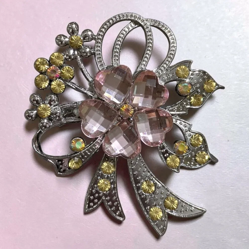 Set of 2 Rhinestone Flower Bouquet Brooches, Pink Brown Yellow, Silver Tone Pins